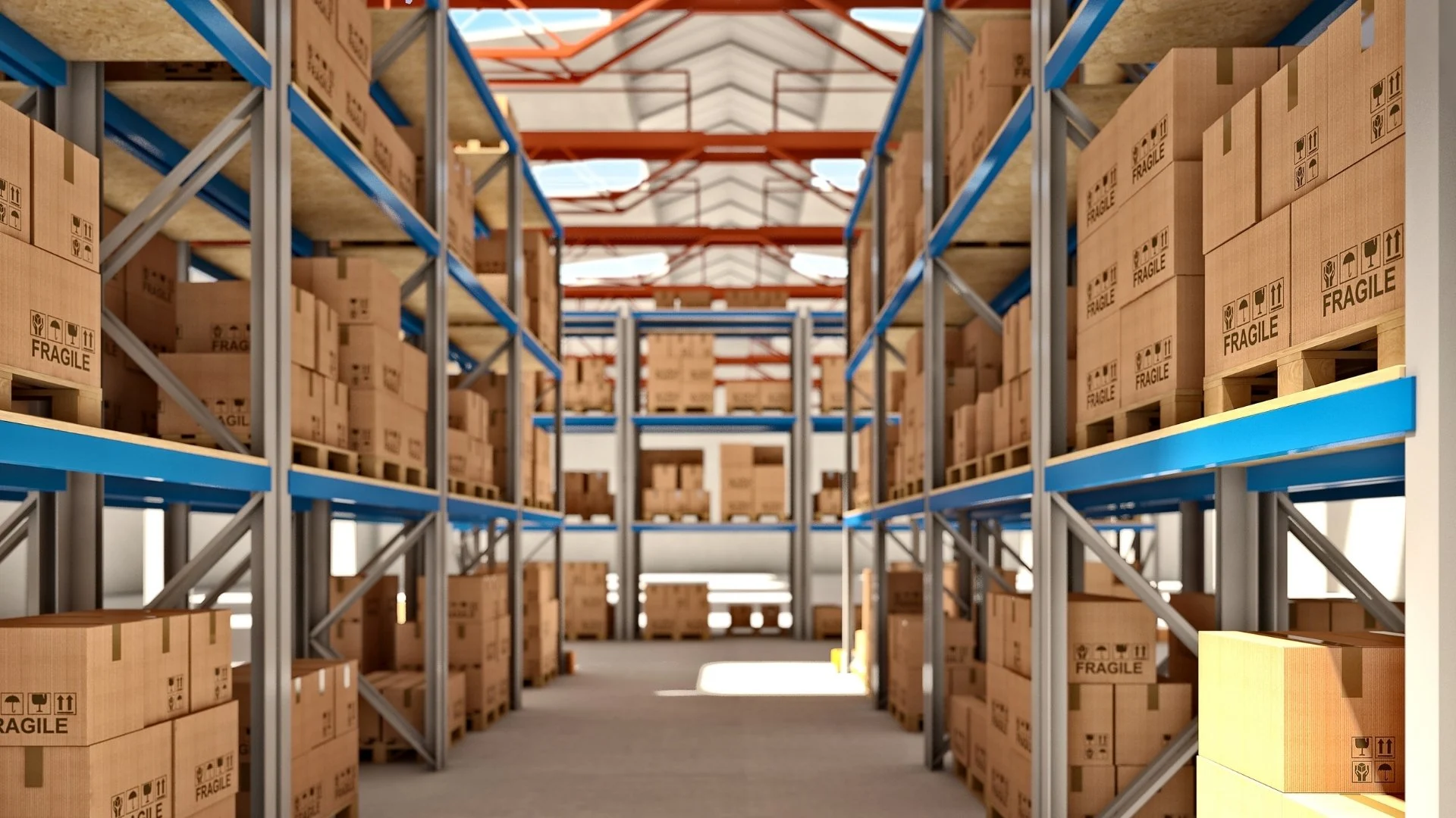 A large warehouse with organized storage shelves and security monitoring.